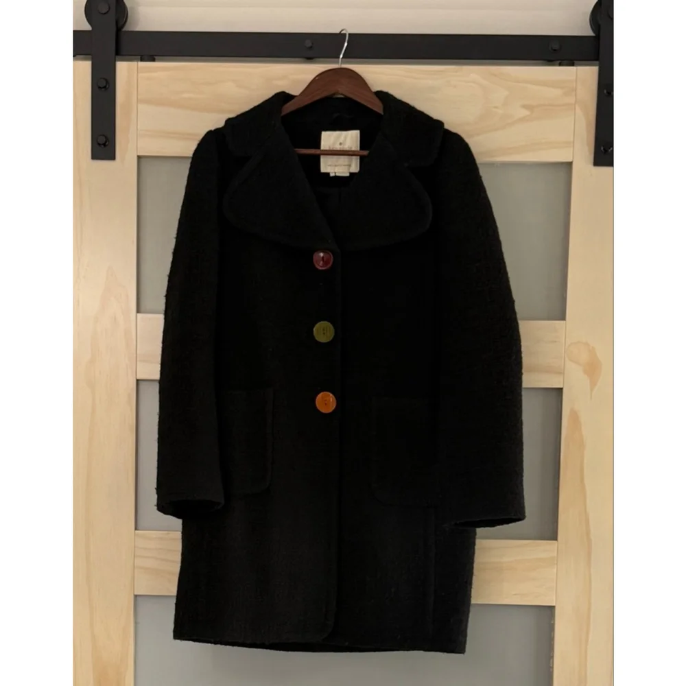 Kate Spade Black Wool Blend Coat Size 6 Colorful Button Fuzzy Textured Mid Lengt